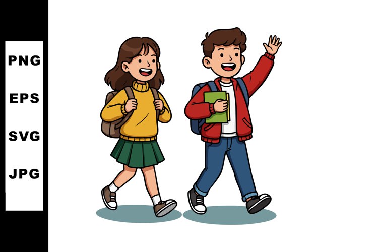 School children walking with backpacks and books happy and e
