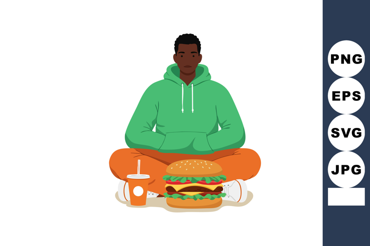 Young man sitting cross-legged with large burger and drink f