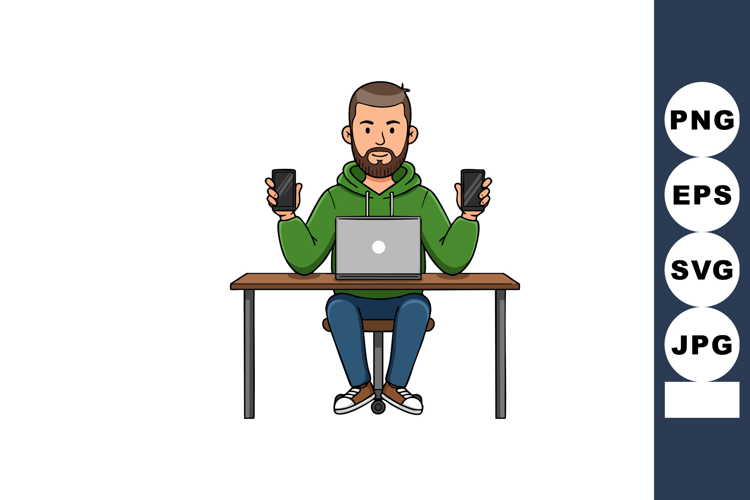 Man multitasking with laptop and two smartphones in casual o