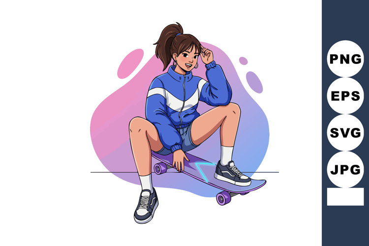 Young woman sitting on skateboard in sporty outfit with pony
