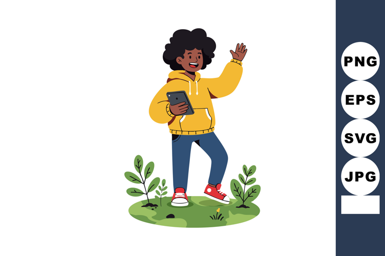 Boy Wearing Yellow Hoodie Holding Smartphone Waving Hand Out