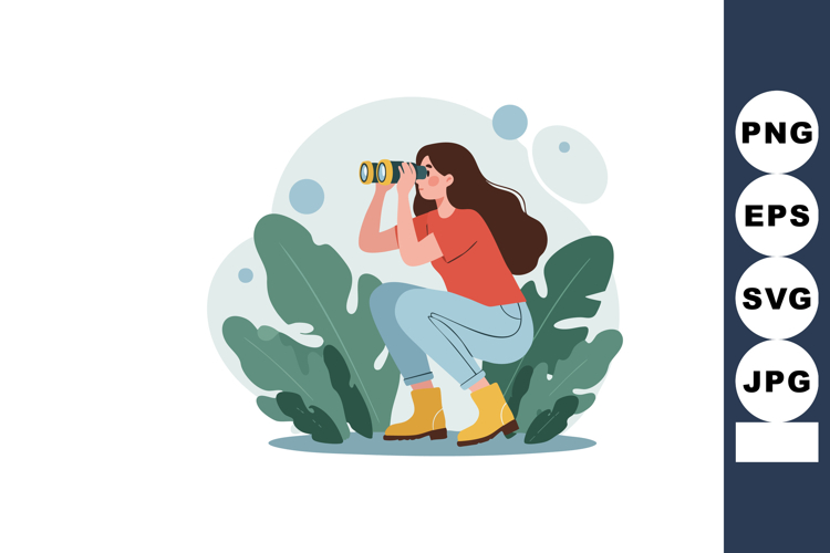 Woman in red shirt using binoculars outdoors with green plan