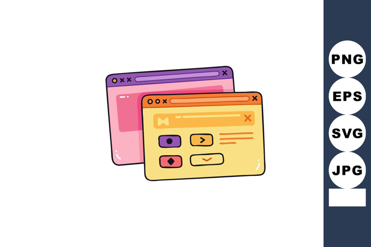 Colorful user interface windows with icons and controls past