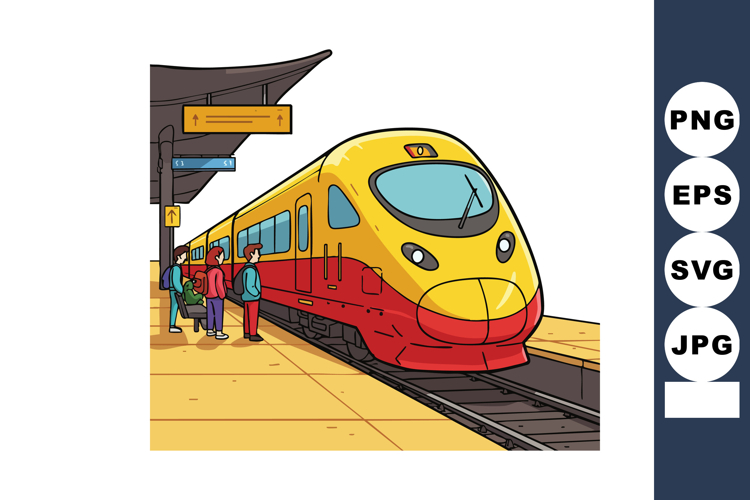 High speed yellow and red train arriving platform with waiti