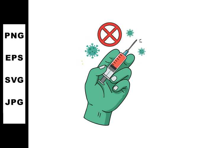Hand Holding Syringe with Red Cross and Virus Icons Medical example image 1