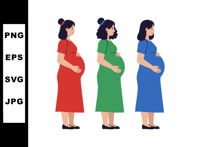 Pregnant women in red green and blue dresses side view vecto