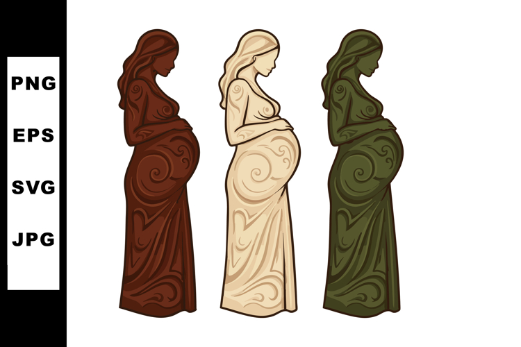 Pregnant women silhouettes in brown beige and green dresses