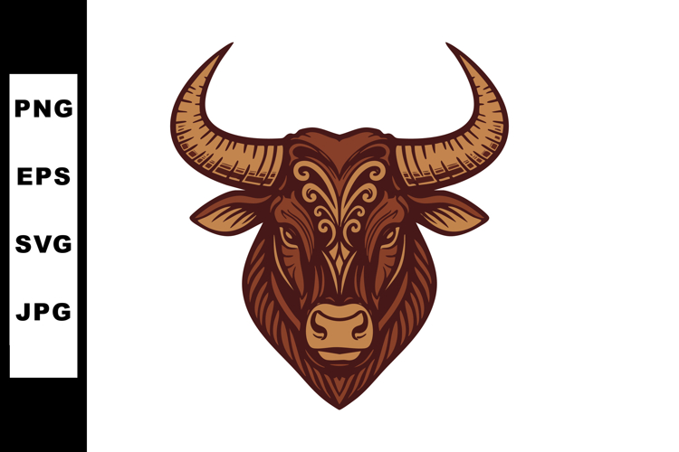 Bull head with ornamental tribal pattern in brown and beige example image 1