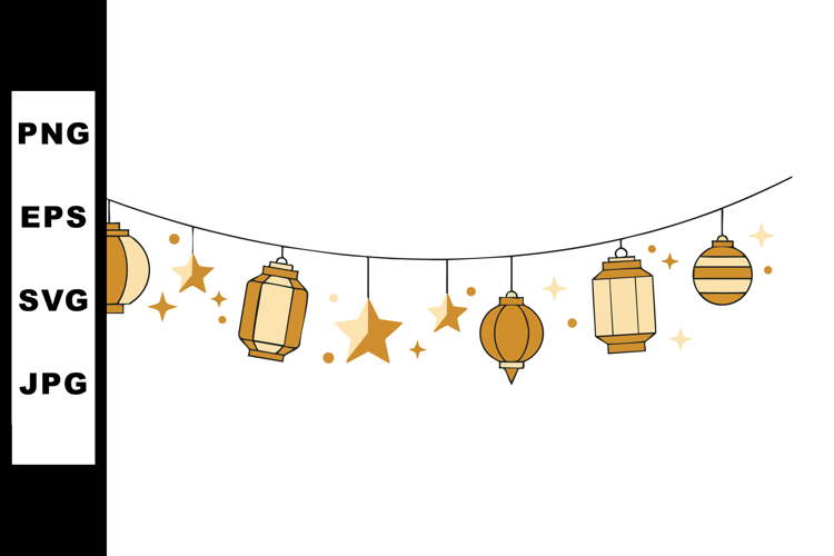 Hanging golden lanterns and stars decoration for festive cel