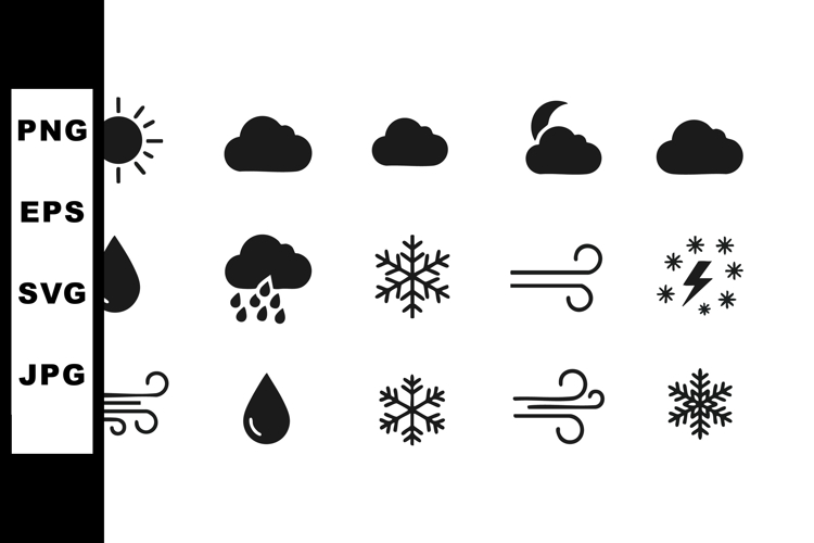 Weather Icons Set Including Sun Cloud Rain Snow Wind Lightni