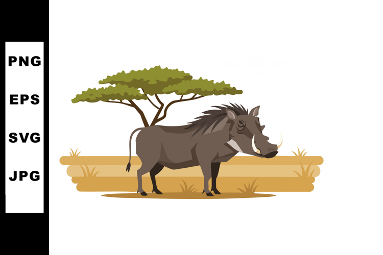 Wild warthog standing under acacia tree in savannah landscap