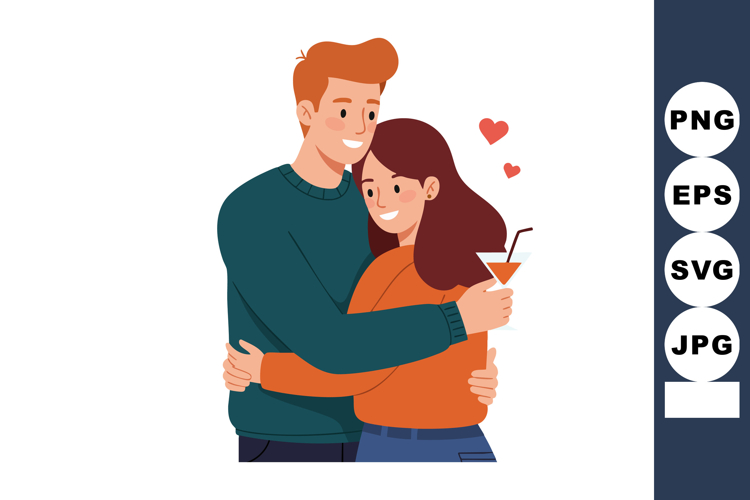 Couple hugging with cocktail and heart shapes romantic relat
