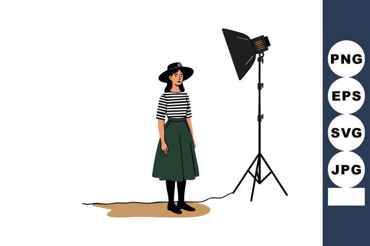 Woman wearing green skirt and black hat posing under studio