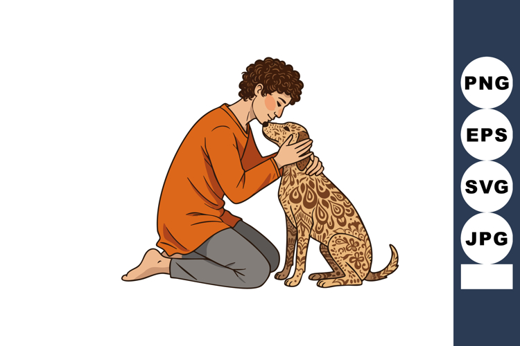 Person Kneeling and Hugging Patterned Dog in Tender Moment V