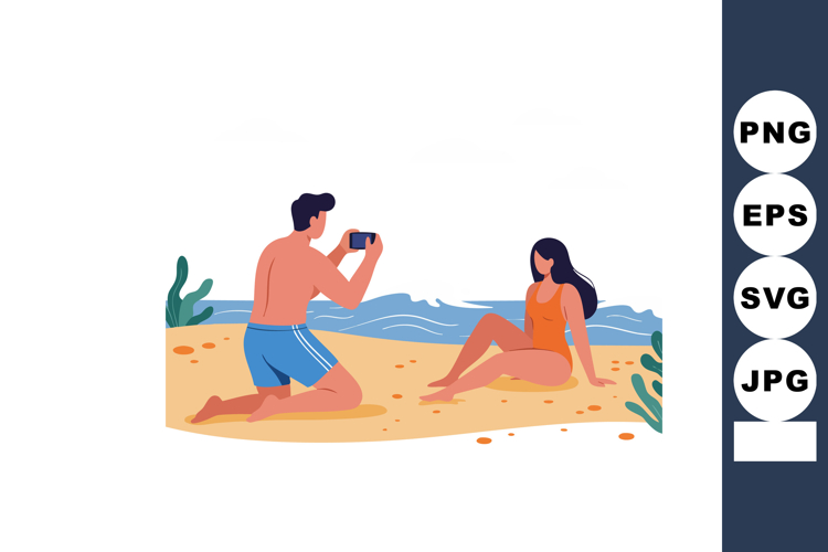 Couple at beach taking photo with smartphone on sandy shore
