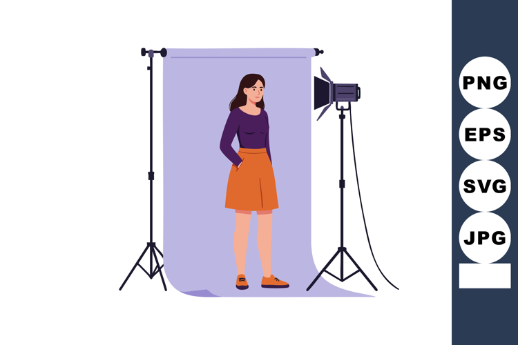 Woman posing in photography studio with purple backdrop and