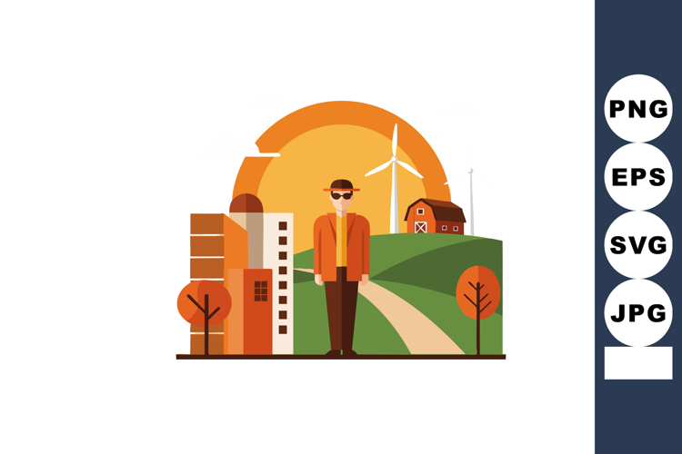 Man standing in orange jacket with urban buildings and wind
