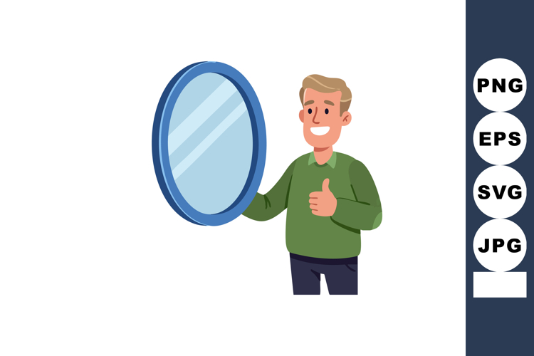 Man Holding Round Blue Mirror Smiling and Giving Thumb Up Ge