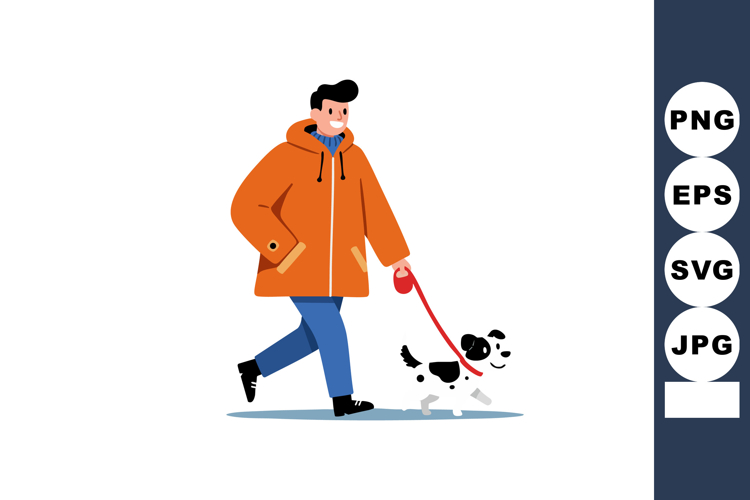 Man walking dog on leash in orange jacket blue pants casual