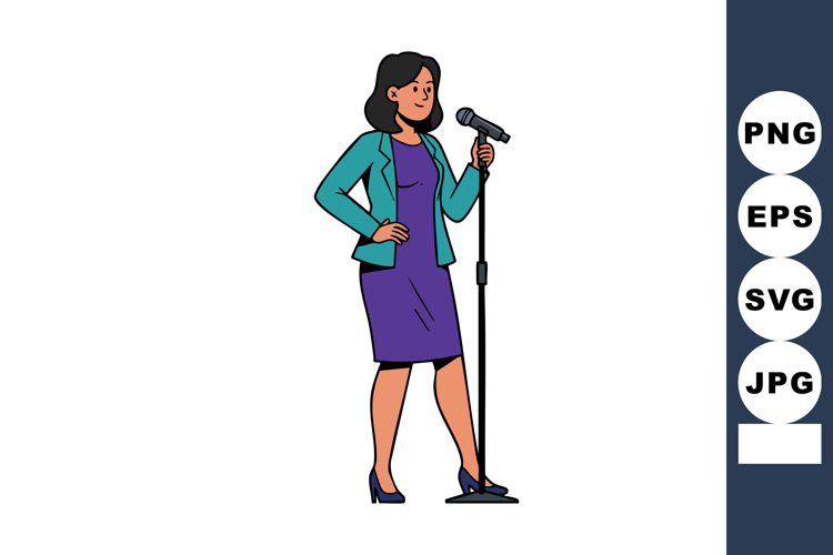 Woman standing in purple dress and teal jacket speaking into