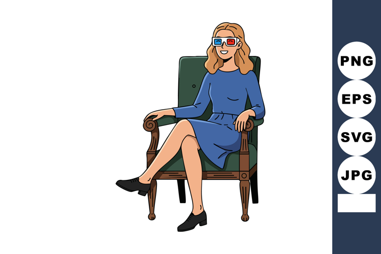 Woman Wearing 3D Glasses Sitting on Wooden Armchair in Blue