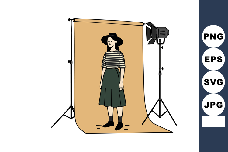 Woman posing in photography studio with beige backdrop and l