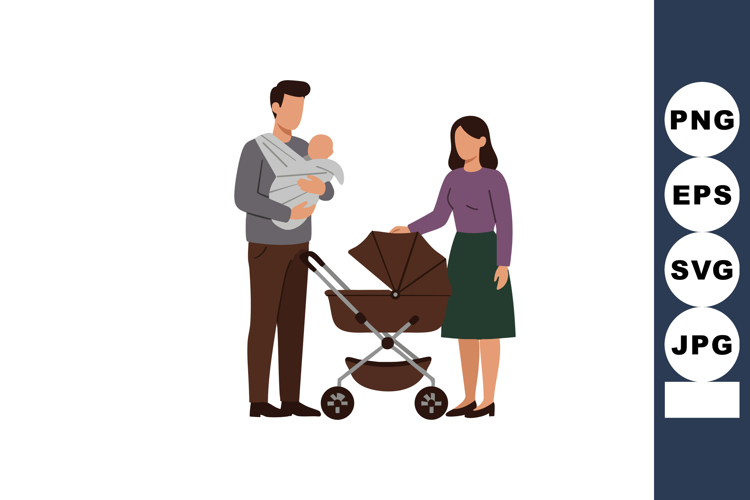 Young couple with baby and stroller family lifestyle vector