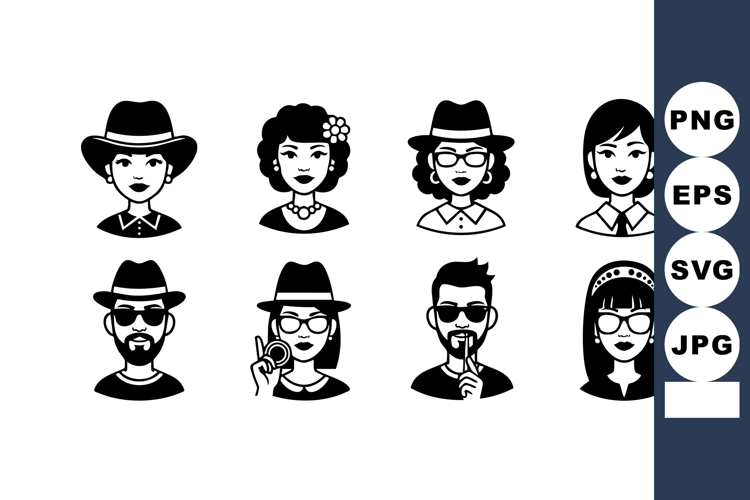 Eight diverse faces with hats glasses and accessories in bla