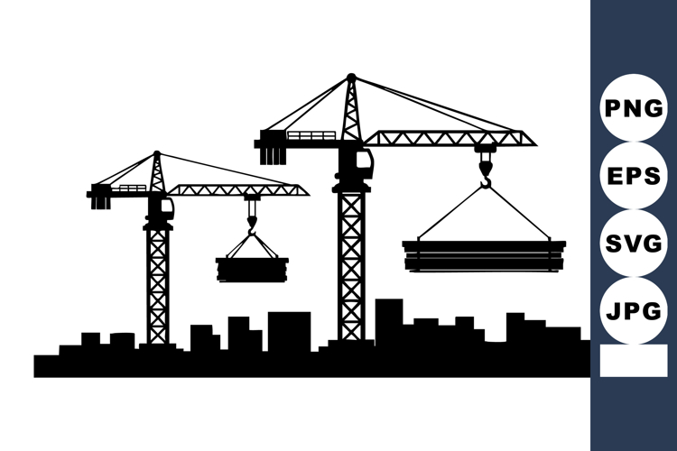 Construction cranes lifting heavy materials over city skylin