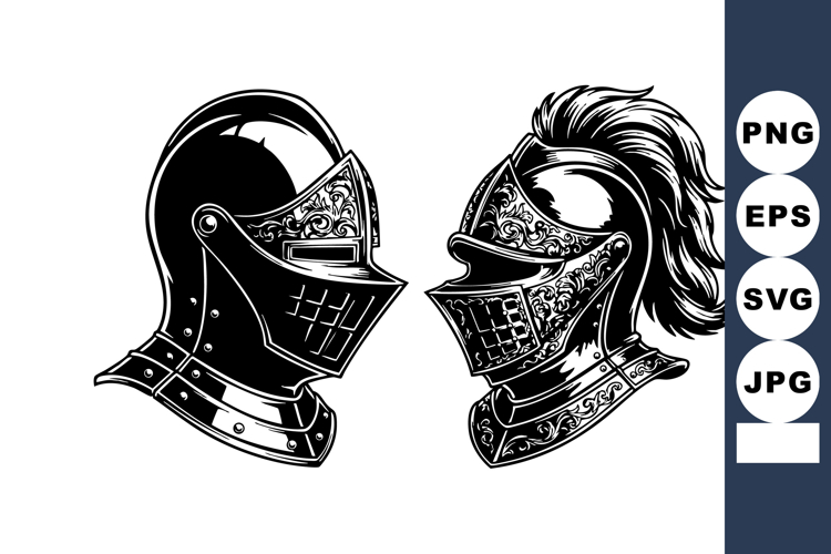 Medieval knight helmets with detailed engraving and plume ve