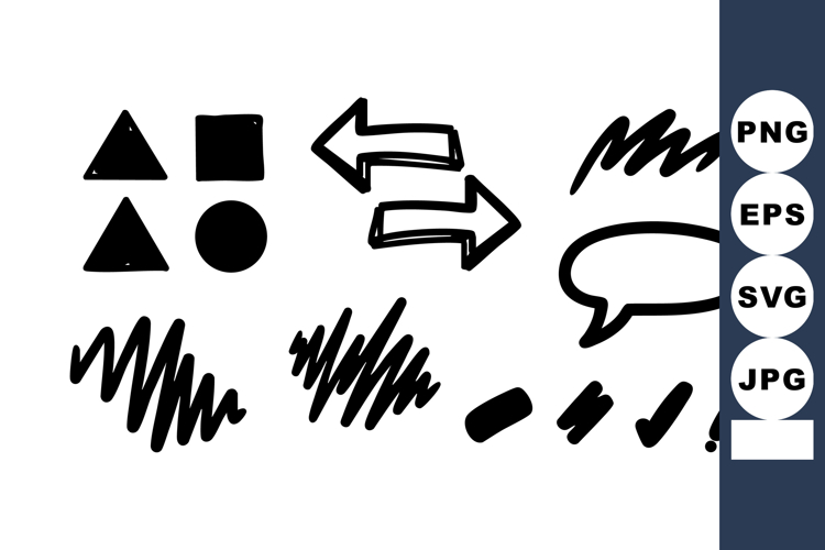 Black hand-drawn symbols and shapes with arrows and speech