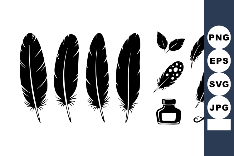 Feather silhouette vector with ink bottle and infinity symb