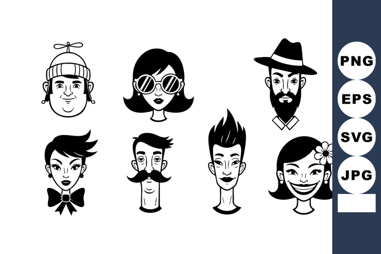 Diverse black and white cartoon faces with different hairsty