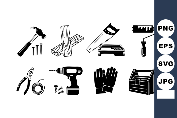 Construction tools vector with hammer saw drill pliers glov