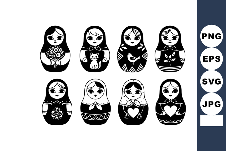Russian Matryoshka Dolls in Black and White Vector Illustra