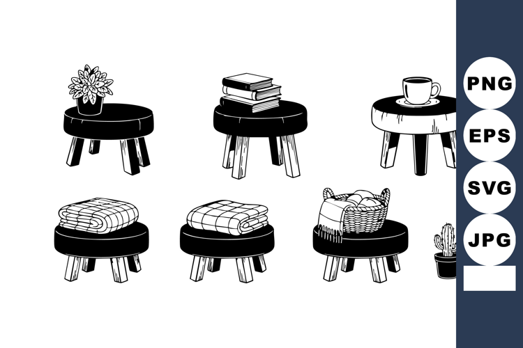 Small round wooden stools with plants, books, and tea cup bl