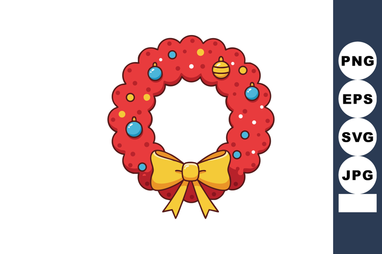 Christmas wreath with colorful baubles and yellow bow decora