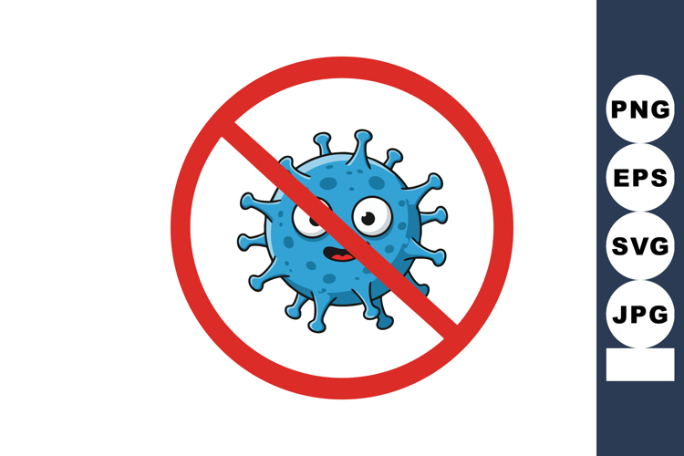 Blue virus character with red prohibition sign cartoon style