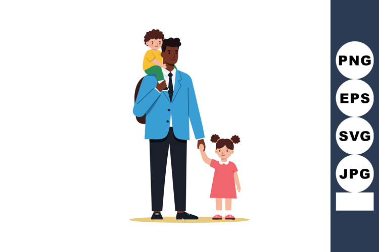 Father carrying son on shoulders holding daughter by hand in example image 1