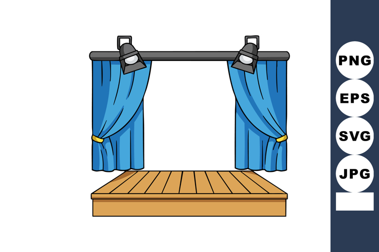 Stage platform with blue curtains and overhead spotlights fo