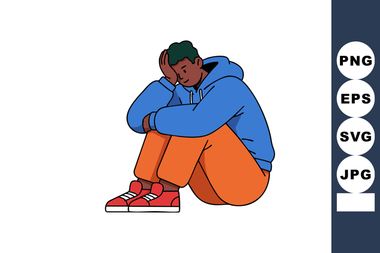 Sad young man sitting on floor wearing blue hoodie and orang