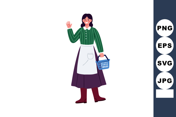 Woman in green blouse and purple skirt holding blue basket w