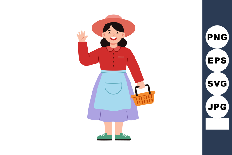 Woman waving hand wearing red blouse purple skirt apron and