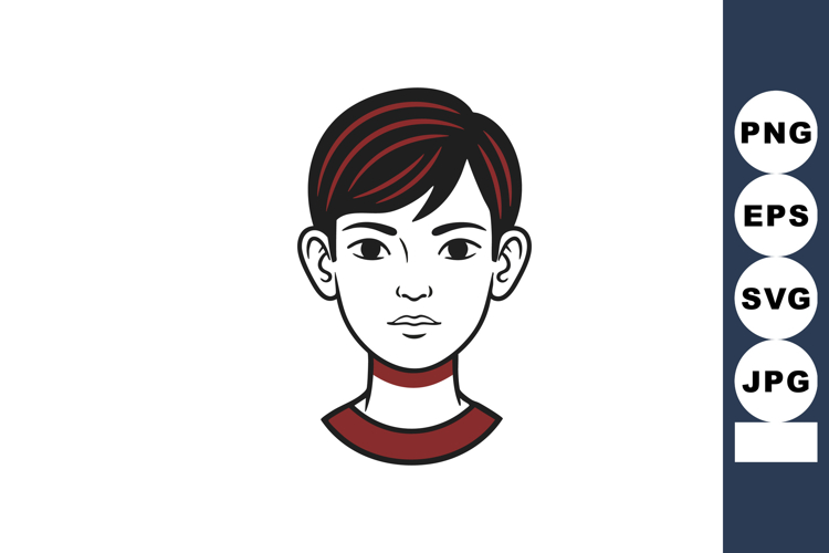 Young boy with short dark hair and red highlights simple fac