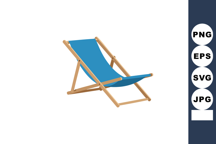 Blue fabric beach chair vector with wooden frame design for