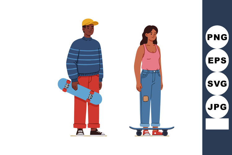 Young man and woman with skateboards standing side by side c