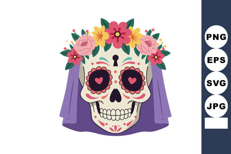 Sugar skull with floral crown and purple veil traditional Da