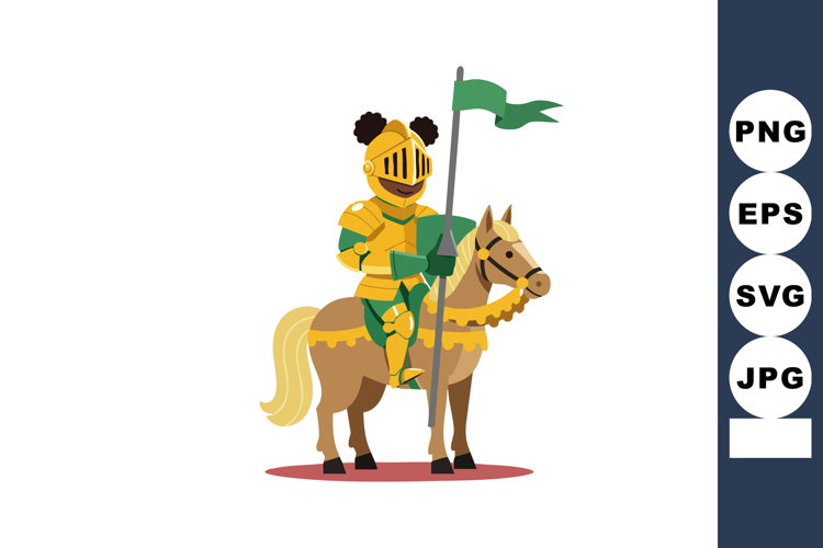 Knight in golden armor riding horse with green flag medieval