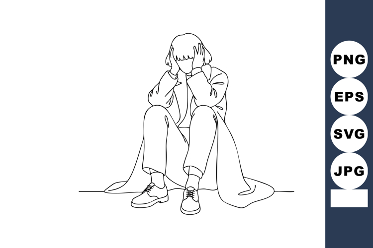 Sad person sitting with head in hands vector line art minima