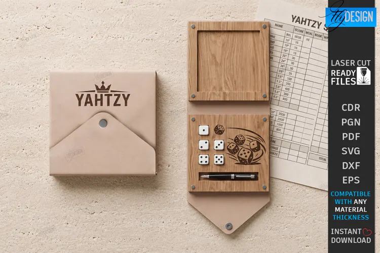 3D Wooden and Leather Yahtzy Laser Cu | Storage Case | CNC
